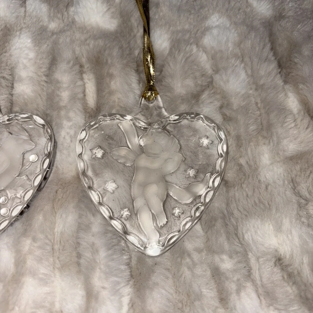 2 Mikasa Crystal Glass Heart Shaped Ornaments Cardinal Angel Cherub Gold Hangers